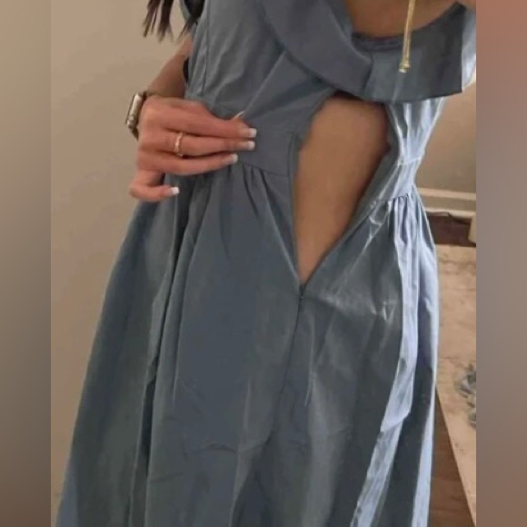 NWOT, Shein, Size L, Plunging Neck Flutter Sleeve Dress in Cadet Blue - Picture 7 of 7